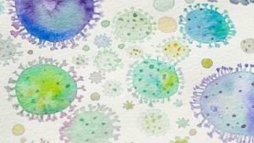 Koronaviruksen kuvia, sinisellä ja vihreällä pohjalla piikikkäitä koronaviruksia