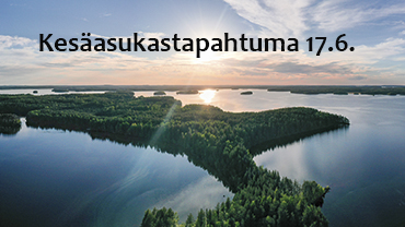 Kaunis järvimaisema, aurinko nousee ja tapahtuman mainosteksi